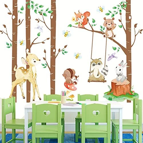 Woodland Animals Wall Decals for Nursery Large Birch Tree Wall Stickers Kids