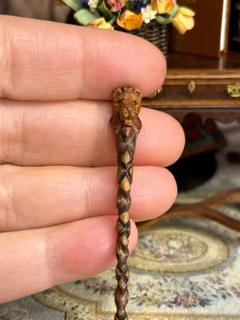 Vintage Artisan Miniature Dollhouse Carved Wood Lion's Head Walking Cane OOAK