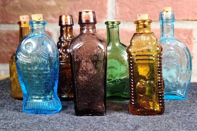 Vintage (Lot of 7) Mini Glass Bottles Made in Taiwan Bitters Fisch Elixir Apple