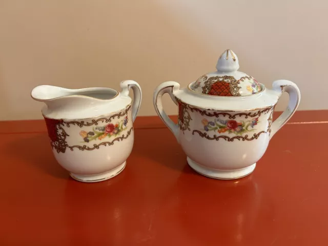 Vintage Kutani Japan Hand Painted Porcelain Sugar Bowl w/Lid And Creamer