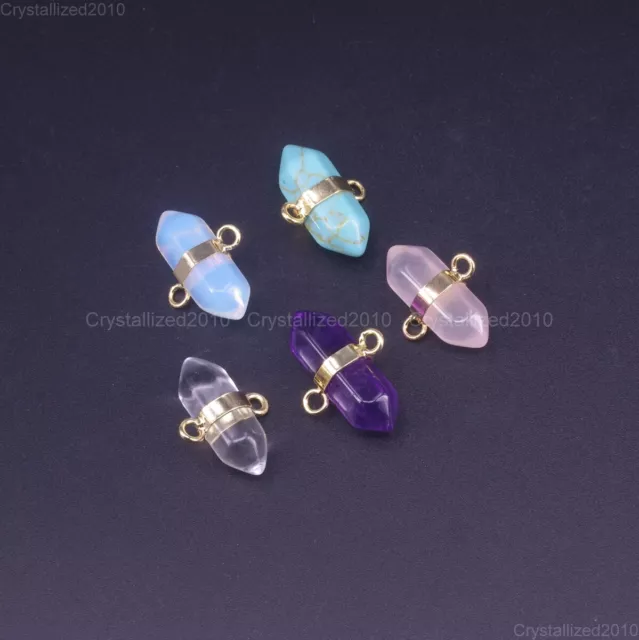 Natural Gemstones Two Ring Prism Hexagonal  Reiki Chakra Healing Pendant Beads