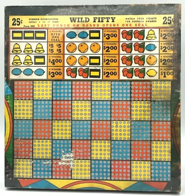 Vintage MCM Wild Fifty Gambling Punchboard 25 Cents Unpunched Casino Man Cave