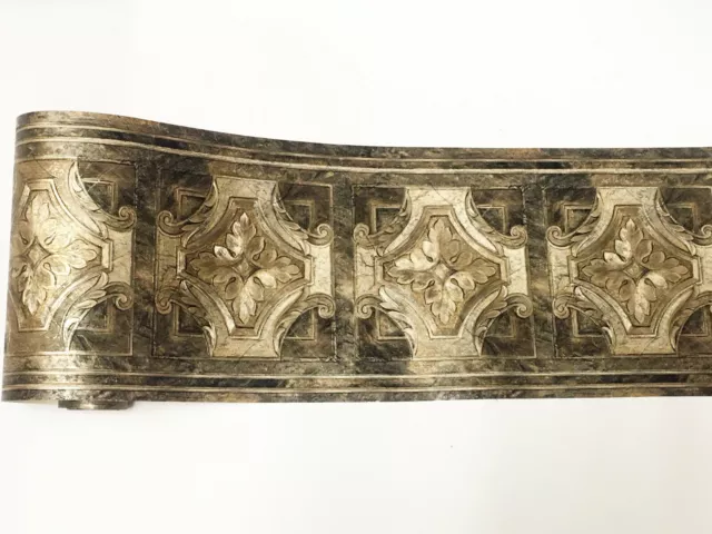 Victorian Scroll Leaf Tiles Black Gold Embossed Satin Shiny Wallpaper Border