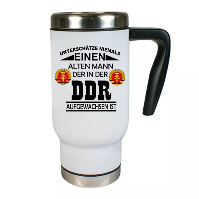 Thermobecher Tasse mit Spruch Unterschätze niemals einen Alten Mann DDR Osten