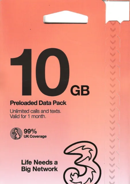 Three UK Preloaded Pay As You Go SIM - Choose from 10GB to 50GB