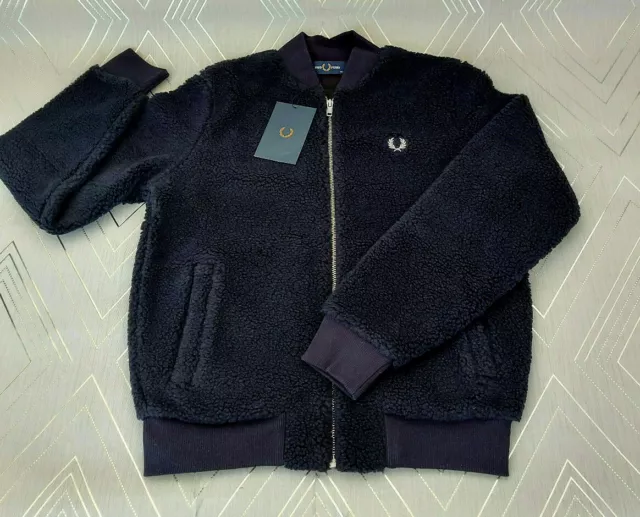 FRED PERRY Giacca Bomber Donna Ragazza Navy Deep Borg Pile UK 10 NUOVA CON ETICHETTE J7112
