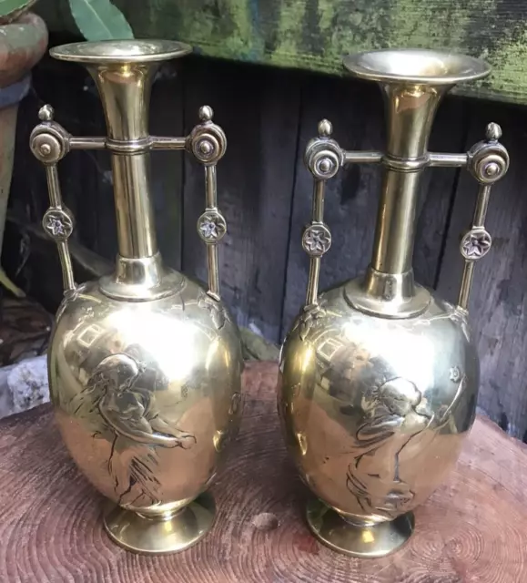 Antique aesthetic movement BRASS URN GARNITURE'S vases ornaments high relief