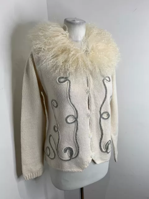 Cardigan vintage anni '90 motivo Y2K maglia grossa 12 14 in perfette condizioni festival mongolo della pelle di pecora