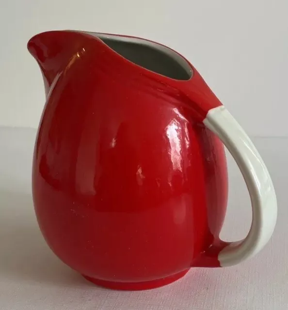 Vintage Halls Superior Quality Kitchenware Small Handled Red Ribbed Pitcher MCM