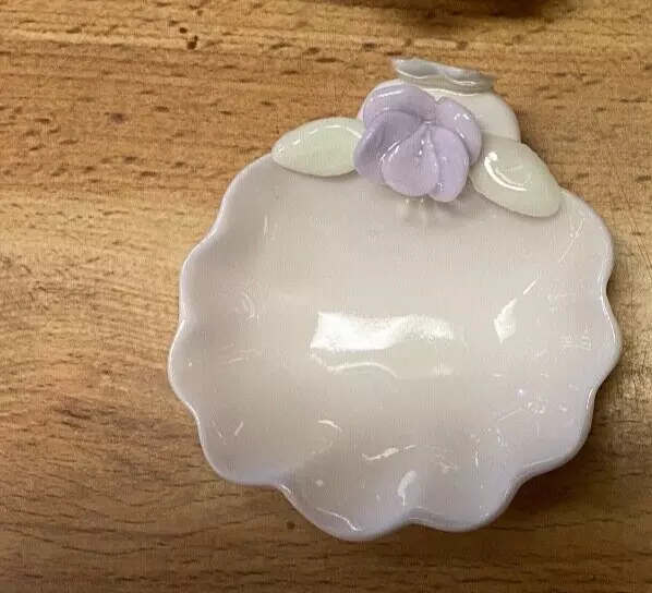 Vintage Scalloped Shell Purple Pastel Floral Porcelain Open Salt Dip 2 1/2"