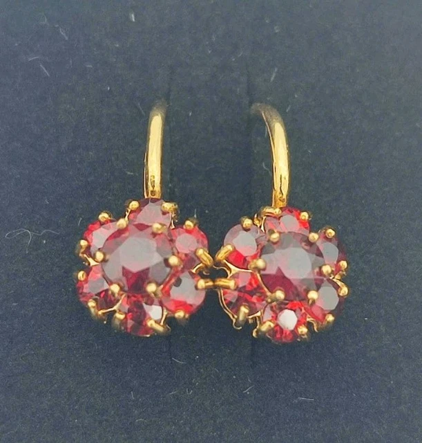 Boucles D'oreilles Or Jaune 14k - Opale Et Rubis, Pendantes Dormeuses, Neuves