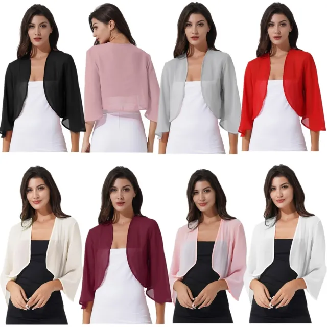 Women 3/4 Sleeve Sheer Chiffon Bolero Shrug Open Front Jacket Cardigan Cover Up