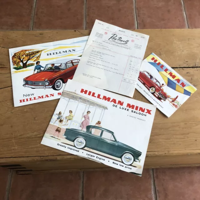 1950's New Hillman Minx Range Car Sales Brochures & sales receipt for new car .