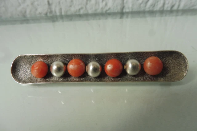 Broche Ancienne Sublime - Argent Massif 925 Avec Corail Rouge Naturel, Ciselures Détaillées