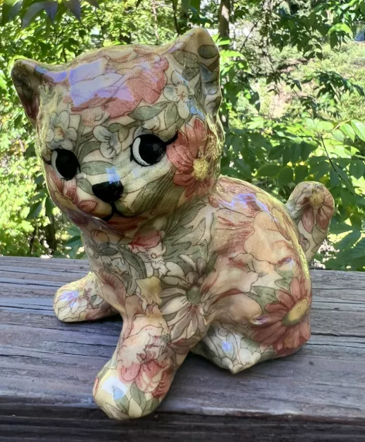 Vintage Floral Decoupage Fabric Ceramic Kitty Cat Figurine Art Deco Patchwork