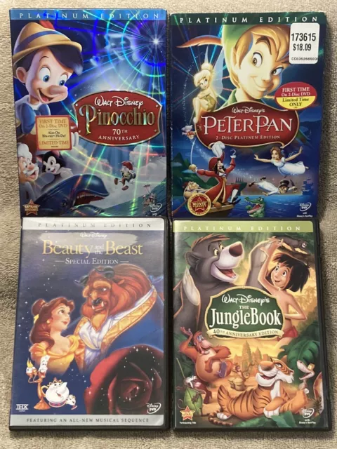 Lot Of 4 Platinum Edition Disney DVD. Peter Pan Jungle Book Pinocchio Beauty &