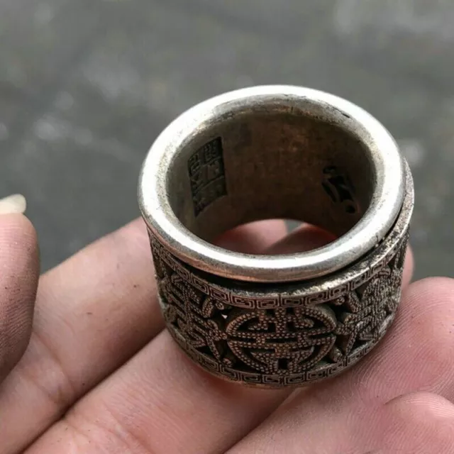 Finger Ring Statue Old Chinese Tibet Silver Plated Fu Shou Pull Handcarved Gifts 3