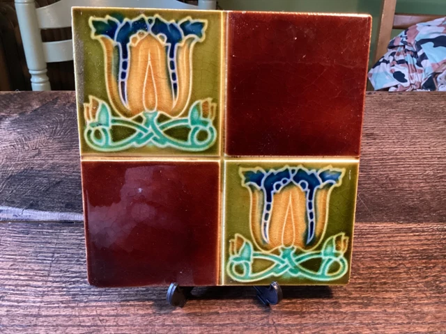 ANTIQUE 6" ART NOUVEAU MAJOLICA EMBOSSED TILE - stylised Tulips
