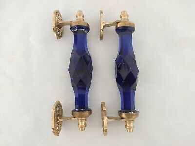 Pair Vntg. Look Brass Cobalt Blue Victorian Cut Glass Pull Push Door Handle 3