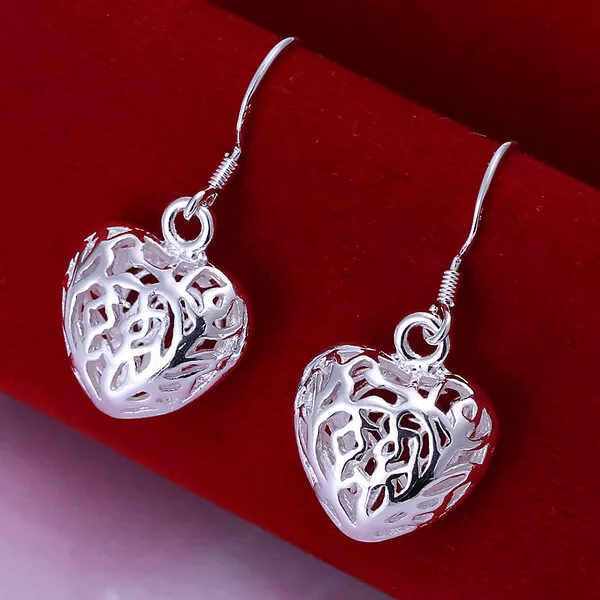 925 Sterling Silver Heart Dangle Drop Earrings Womens Classic Fashion Jewellery