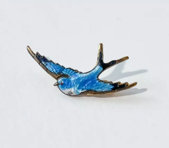 Blue Bird Pin Sparrow Swallow Brooch Guilloche Enamel Old Vtg Antique Victorian