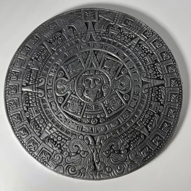 Vintage Silver Metal Aztec Calendar Wall Hanging 10 Inch Decoration.