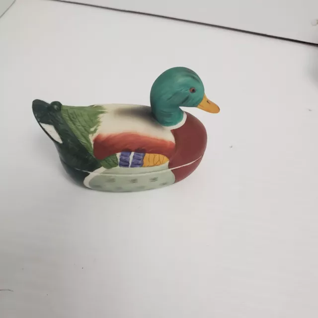Vintage Bisque Porcelain Mallard Duck Candleholder/Trinket Box Figurine