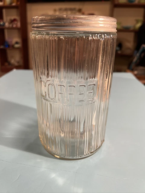 Antique Hoosier Glass Coffee Canister Ribbed and Embossed Aluminium Lid See Pic.