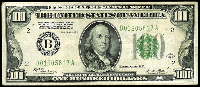 1928 A $100 New York Federal Reserve Gold Redeemable On Demand Green Seal Note