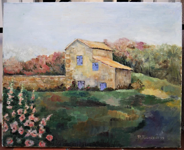 tableau signé Rigaudier: la maison dans le pré