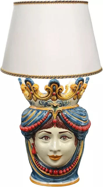 Lampada Testa Di Moro H40 Blu E Arancio Ceramica Caltagirone