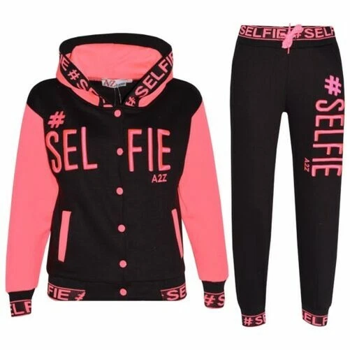Bambini Ragazze Tuta Designer # Selfie Ricamato Jogging Top Tuta & Fondo 5-13
