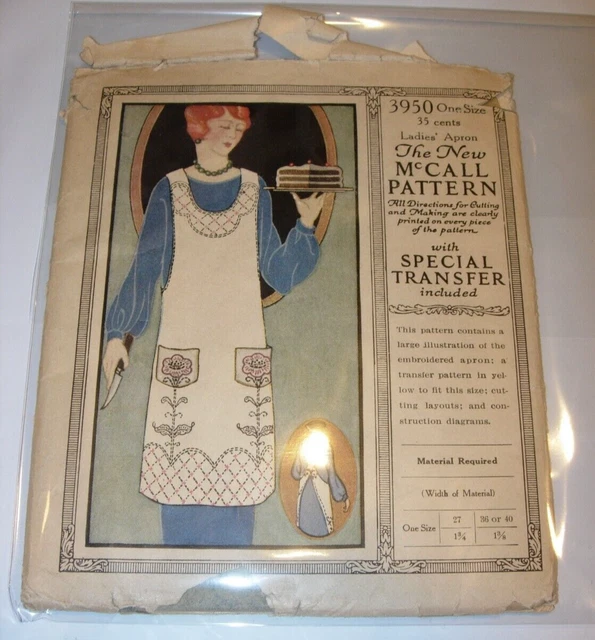 WOMENS Antique McCall Sewing pattern 3950 KITCHEN APRON TRANSFER ONE SIZE