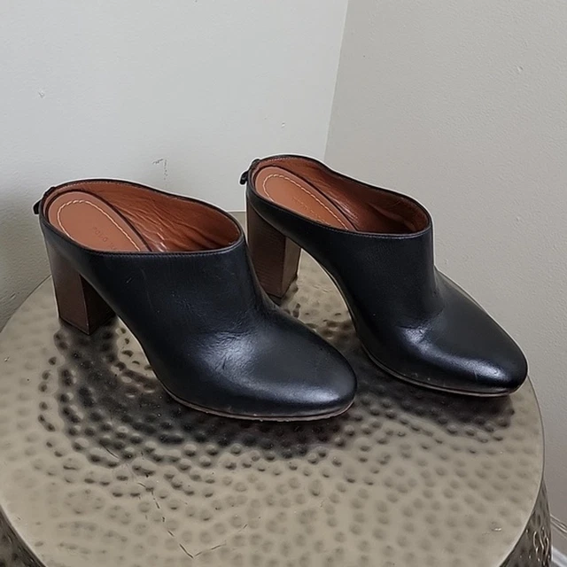 NWOT POLO Ralph Lauren Womens Black Leather Mules Shoes Block Heel 3.5" size 7B