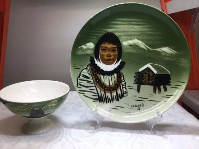 Vintage 1950's Sascha B Brastoff Art Pottery Alaska Series Plate And Seal Bowl