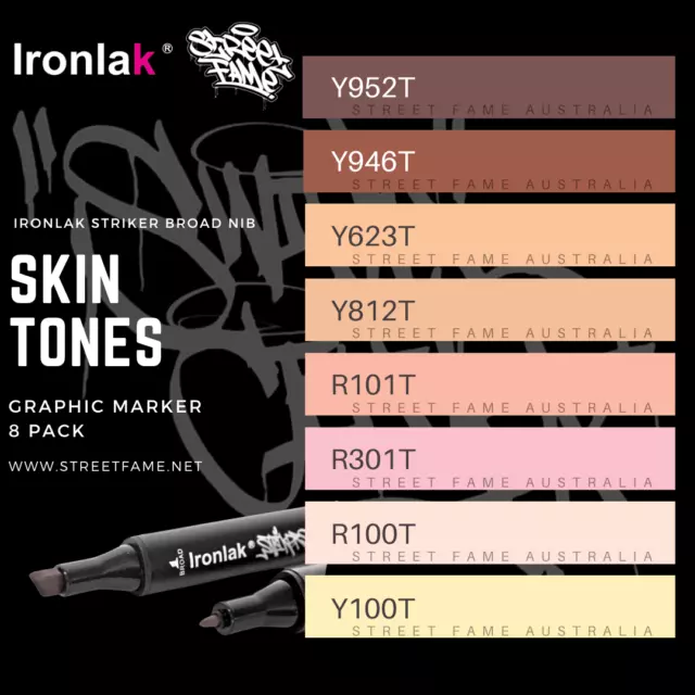 Ironlak Strikers SKIN TONES 8 PACK Tri-Grip Twin Markers Graffiti Art Markers