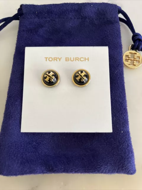Tory Burch Earrings Black Logo Brass Melodie Logo Stud Dome
