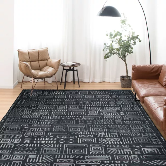 Extra Large Rug Charcoal Black Soft Geometric Modern Carpet Washable Hall Runner