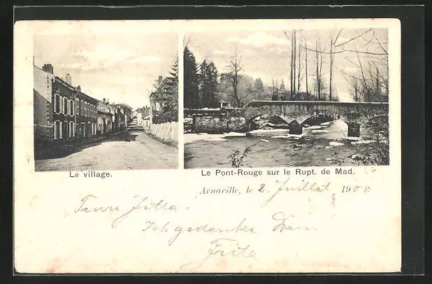 CPA Arnaville, Le village, Le Pont-Rouge sur le Rupt. de Mad. 1900
