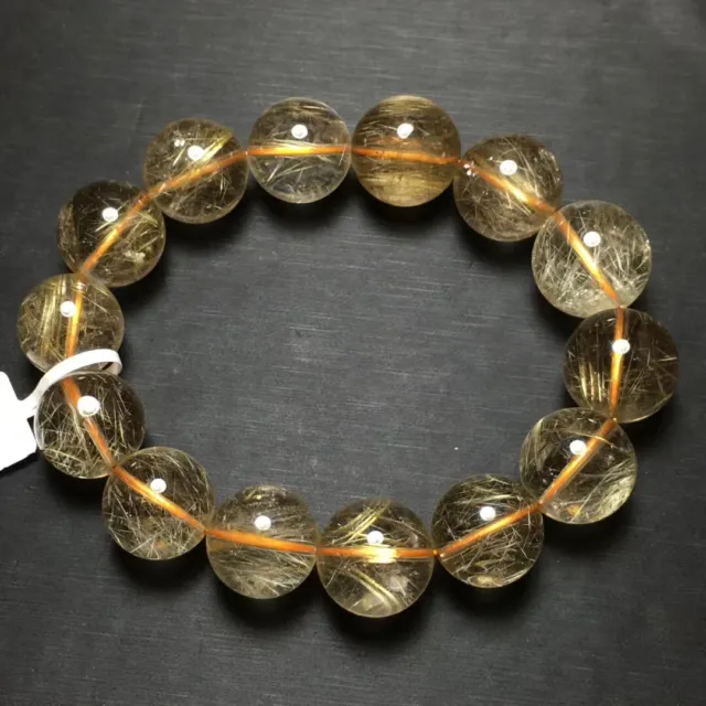 16.3mm Natural Hair Rutilated Quartz Crystal Round Beads Bracelet AAA