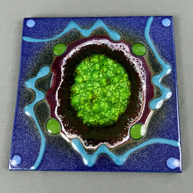 Modernist Art Pottery Tile with Crushed Glass Geode Center Trivet 7.75 in Square