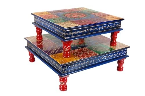 Hand Painted Multipurpose Wood Carved Designer Chowki Bajot Stool - Set Of 2