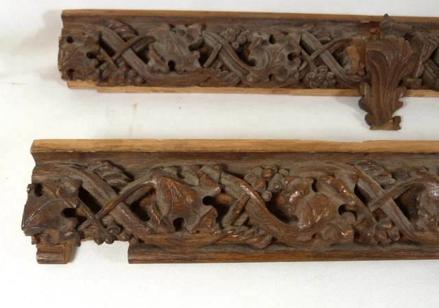 2 Antique Hand-Carved Oak Architectural Salvage Trim Pieces Grape Vine 24 x 2.5" 3