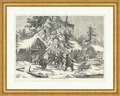 Schwedische Bärenjäger beim Aufbruch zur Jagd Hund Skier Winter Holzstich E 5784