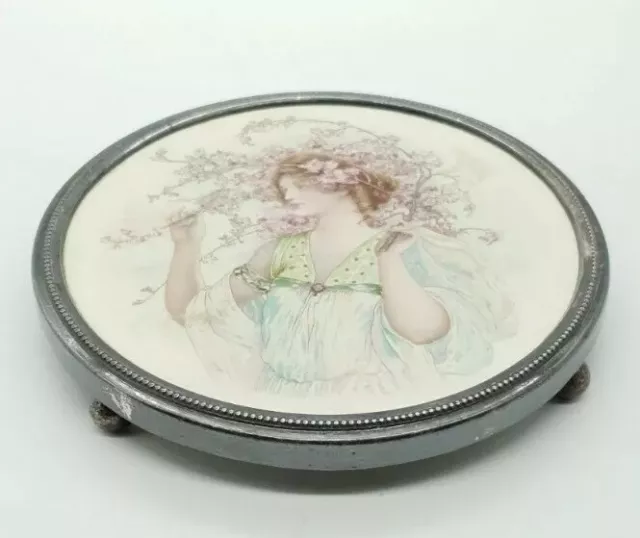 Antique Art Nouveau Ceramic & Silver Plate Pot Stand Trivet Champagne Coaster