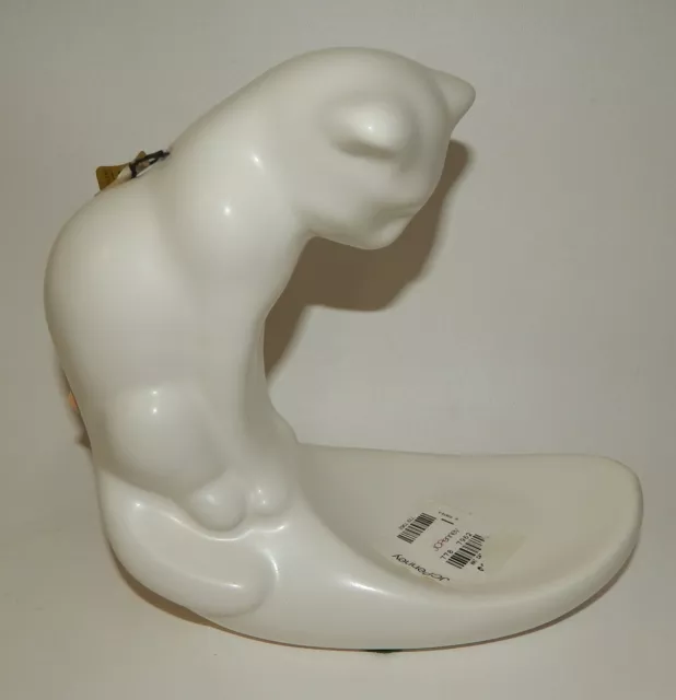 Vintage NOS Haeger Pottery White Cat Fish Bowl Holder Stand NWT