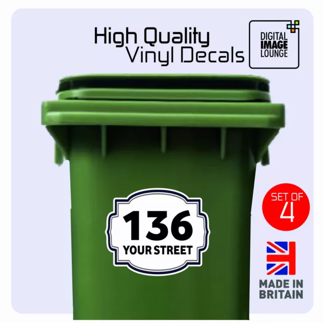 4 x WHEELIE BIN NUMBERS / HOUSE ROAD STREET NAME STICKERS - 150x100mm Pack Of 4