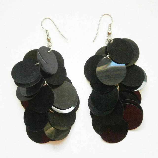 vintage costume jewellery cascading shiny black paillettes drop earrings #2049A