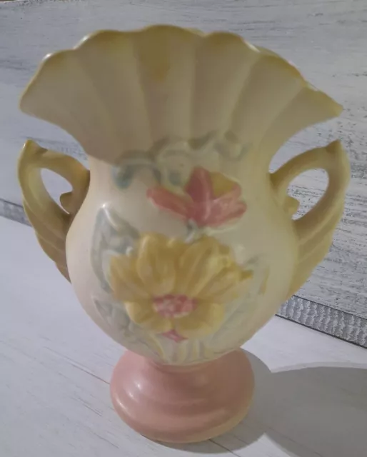 Hull Art Pottery 6.5" Floral Vase Vintage Double Handled Cream Pink Yellow