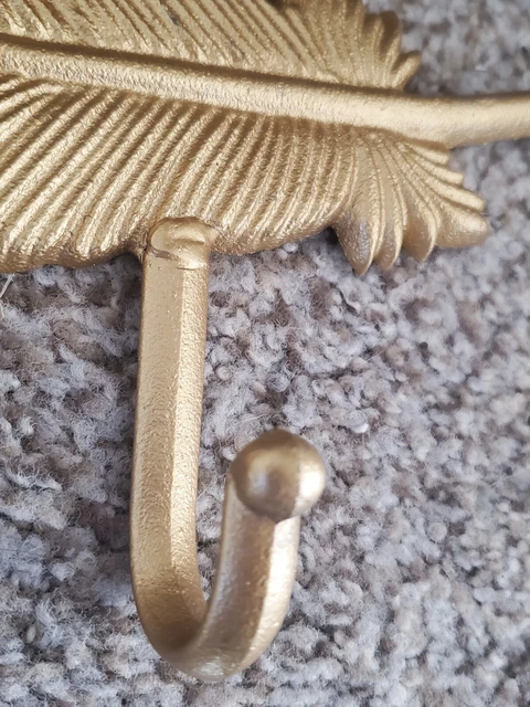 Gold Painted Solid Brass Large 14" Feather Coat Hat Hanger Wall Hanging 3 hooks 2